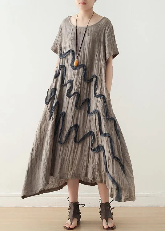 Art Khaki O-Neck Linen Summer Maxi Dresses Classic Women's Pin - striped