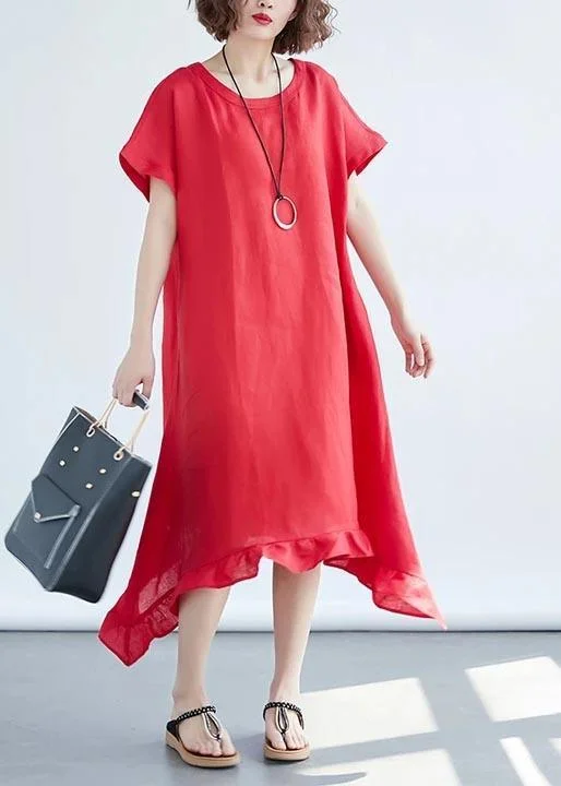 Art Linen Dresses Boutique Round Neck Ruffles Red Dress Youthful Women's Anime - inspired Art Linen Dresses Boutique Round Neck Ruffles Red Dress Youthful Women's Anime - inspired