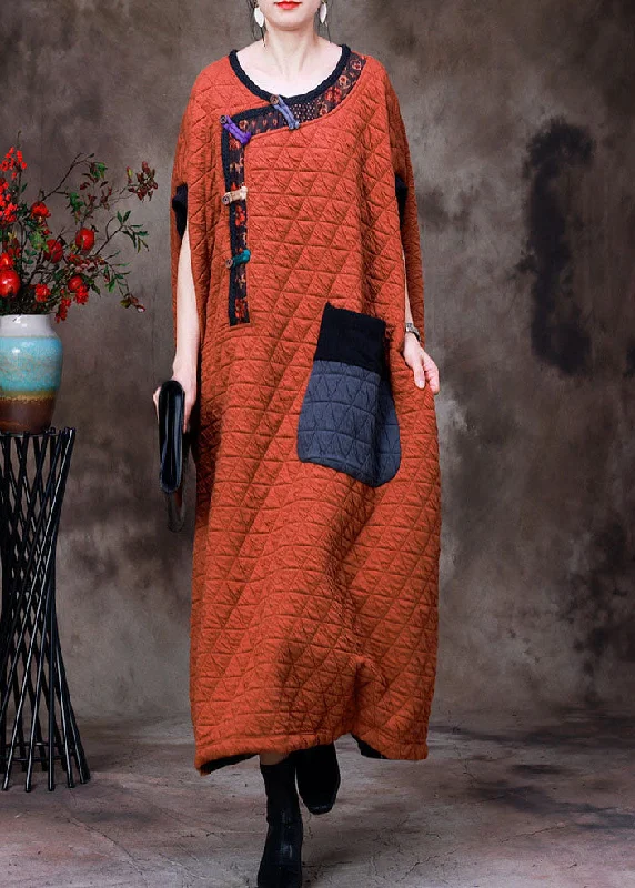 Art Orange O-Neck Patchwork Patchwork Button Fine Cotton Filled Dresses Short Sleeve Casual Women's Loose - fitting Art Orange O-Neck Patchwork Patchwork Button Fine Cotton Filled Dresses Short Sleeve Casual Women's Loose - fitting