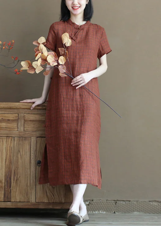 Art Orange Stand Collar Plaid Side Open Linen Cheongsam Dresses Short Sleeve Cool Women's Distressed Art Orange Stand Collar Plaid Side Open Linen Cheongsam Dresses Short Sleeve Cool Women's Distressed