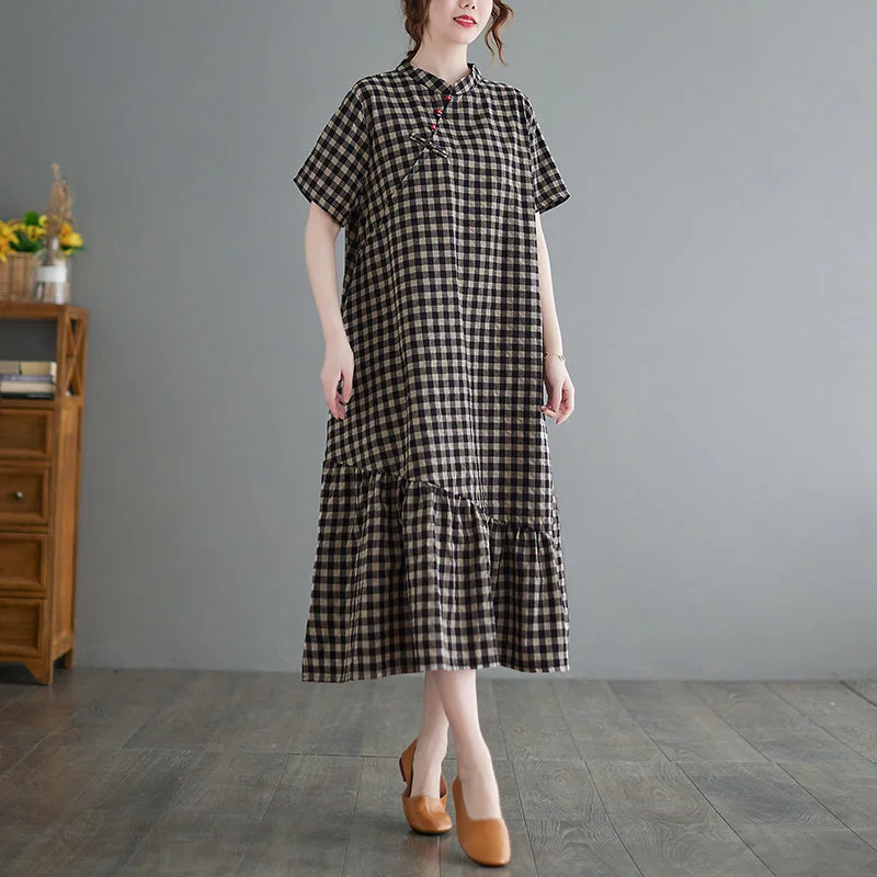 Art Small Plaid Stand Collar Ruffles Linen Dresses Short Sleeve Refined Women's Hand - crafted Art Small Plaid Stand Collar Ruffles Linen Dresses Short Sleeve Refined Women's Hand - crafted