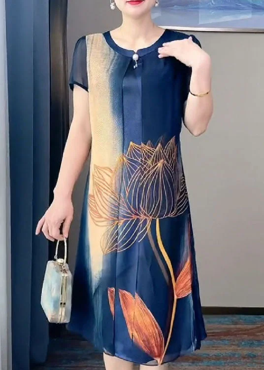 Art Tibetan Blue O-Neck Tulle Patchwork Silk Long Dresses Short Sleeve Laid - back Women's Vibe Art Tibetan Blue O-Neck Tulle Patchwork Silk Long Dresses Short Sleeve Laid - back Women's Vibe