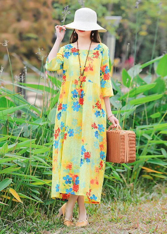 Art Yellow O-Neck Print Cotton Vacation Dresses Half Sleeve Unique Women's Upcycled