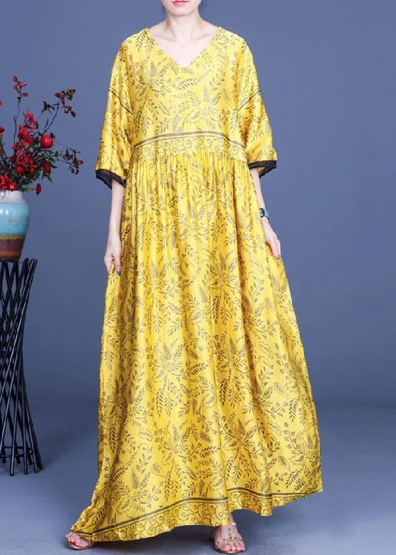 Art Yellow Print Silk Loose Long Dresses Summer Practical Women's Quick - dry