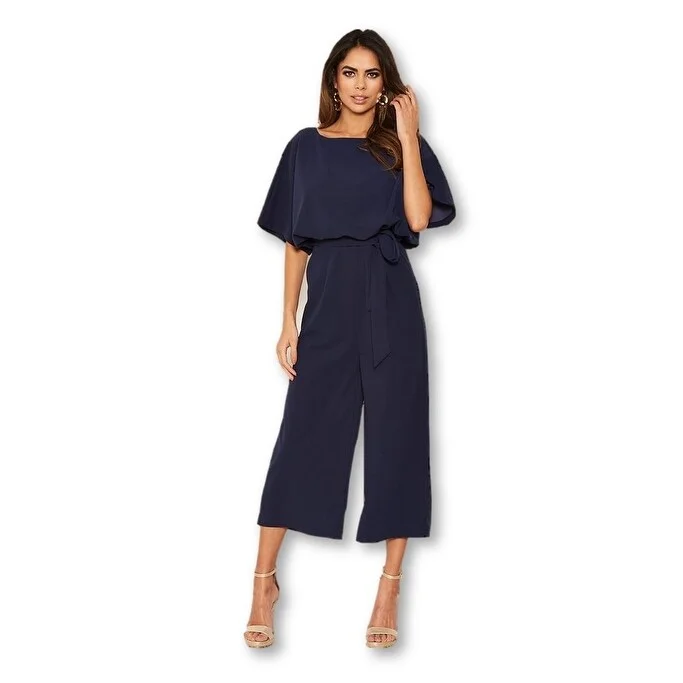 Ax Paris Women's Tie Waist Culotte Jumpsuit Navy Size 15