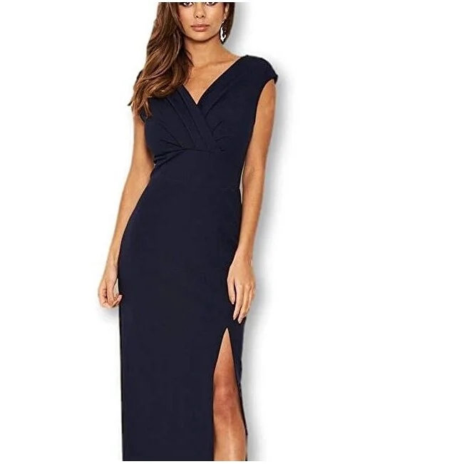 AX Paris Women's Wrap V Neck Slit Maxi Dress Navy Size 8