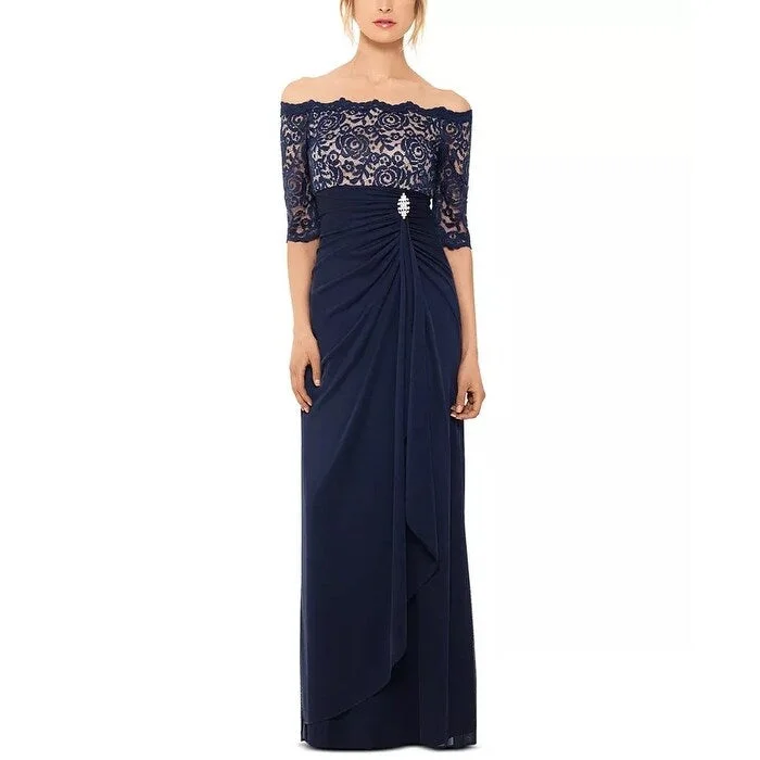 B & A By Betsy & Adam Women's Off The Shoulder Lace Gown Blue Size 14