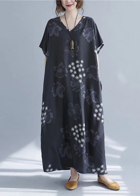 Baggy Black V Neck Snowflake Print Chiffon Long Dresses Short Sleeve Modern Women's 