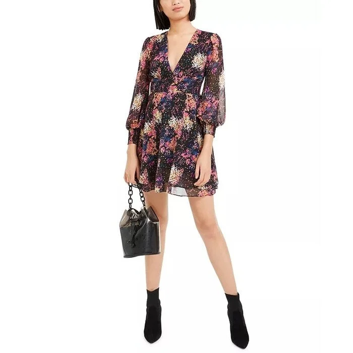 Bar III Women's Confetti Printed Blouson-Sleeve Dress Black Size Large