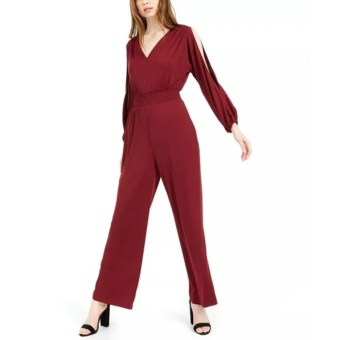 Bar III Women's Slit-Sleeve V-Back Jumpsuit Dark Red Size Large