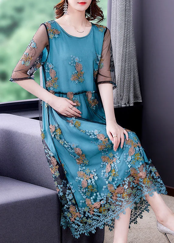 Beautiful Blue Embroidered Tulle Patchwork Silk Long Dresses Half Sleeve European