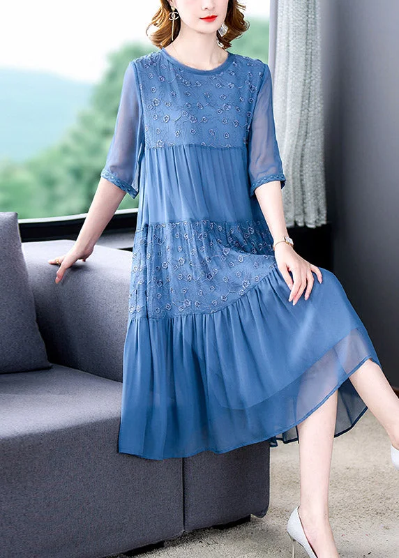 Beautiful Blue O-Neck Embroidered Patchwork Wrinkled Silk Long Dresses Half Sleeve purpose Beautiful Blue O-Neck Embroidered Patchwork Wrinkled Silk Long Dresses Half Sleeve purpose
