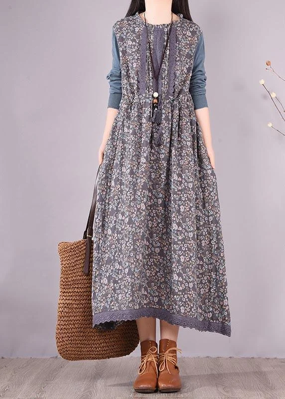 Beautiful Blue Patchwork Print Dresses O Neck Lace Robe Spring Dresses Earthy Women's Beautiful Blue Patchwork Print Dresses O Neck Lace Robe Spring Dresses Earthy Women's