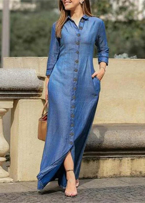 Beautiful Blue Peter Pan Collar Oversized Denim Maxi Dresses Spring Practical Women's Multi - Beautiful Blue Peter Pan Collar Oversized Denim Maxi Dresses Spring Practical Women's Multi -