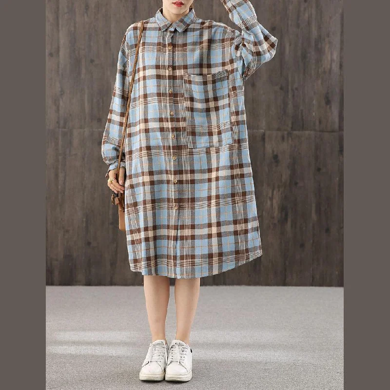 Beautiful blue plaid clothes For Women lapel Button Down shift Dresses Sustainable Organic Beautiful blue plaid clothes For Women lapel Button Down shift Dresses Sustainable Organic