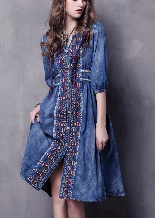 Beautiful Blue V Neck Embroidered Cotton Vacation Denim Dresses Half Sleeve Classic Women's Tweed Beautiful Blue V Neck Embroidered Cotton Vacation Denim Dresses Half Sleeve Classic Women's Tweed