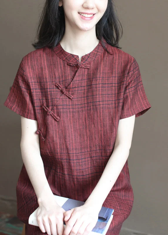 Beautiful Dark Red Plaid Stand Collar Chinese Style Button Linen A Line Dresses Short Sleeve Refined Women's Beautiful Dark Red Plaid Stand Collar Chinese Style Button Linen A Line Dresses Short Sleeve Refined Women's