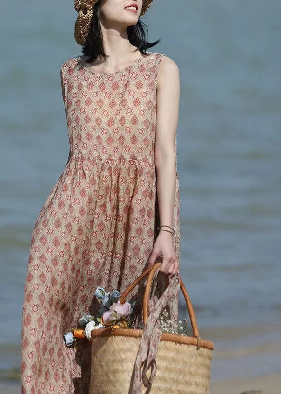 Beautiful Khaki O-Neck Print Linen Beach Dresses Sleeveless Street