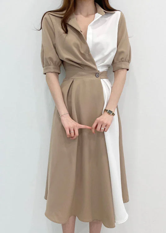 Beautiful Khaki Peter Pan Collar Patchwork Cotton Dresses Short Sleeve Scandinavian