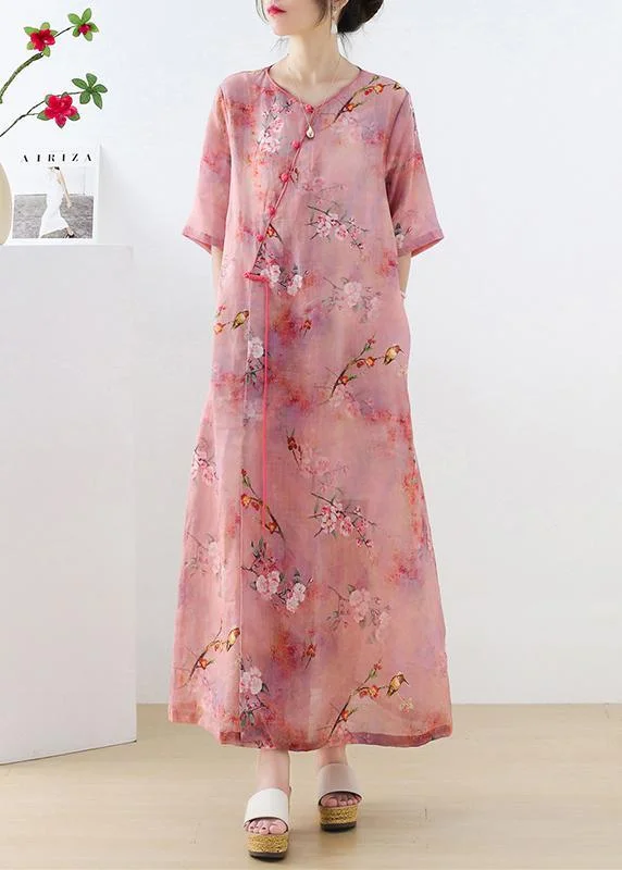 Beautiful Pink Print Oriental asymmetrical Design Summer Ramie Long Dresses Traditional Women's Beautiful Pink Print Oriental asymmetrical Design Summer Ramie Long Dresses Traditional Women's