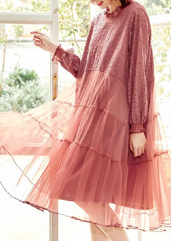 Beautiful Pink Ruffled Tulle Patchwork Lace Dresses Spring Laid - back Women's Style