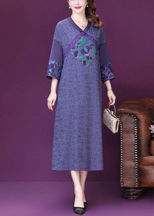 Beautiful Purple Embroideried Patchwork Silk A Line Dresses Bracelet Sleeve Feminine Women's Style Beautiful Purple Embroideried Patchwork Silk A Line Dresses Bracelet Sleeve Feminine Women's Style