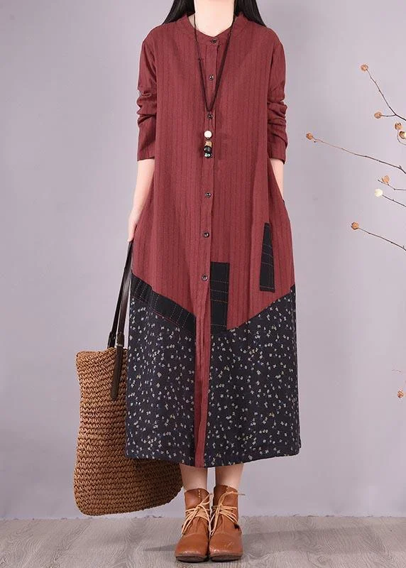Beautiful Red Patchwork Print Dress O Neck Pockets Traveling Spring Dresses Artistic Women's Avant - Beautiful Red Patchwork Print Dress O Neck Pockets Traveling Spring Dresses Artistic Women's Avant -