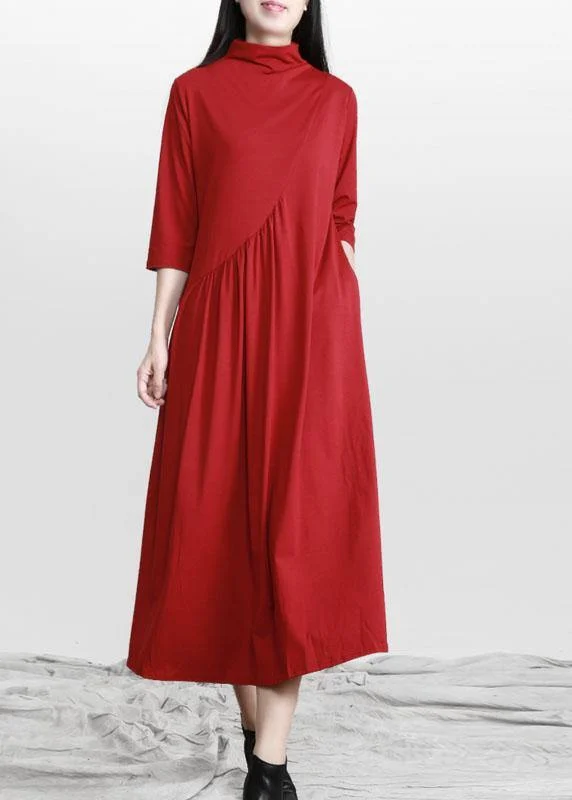 Beautiful Red Stand Cinched asymmetrical design Maxi Dresses Fall Luxurious Women's High - end Beautiful Red Stand Cinched asymmetrical design Maxi Dresses Fall Luxurious Women's High - end