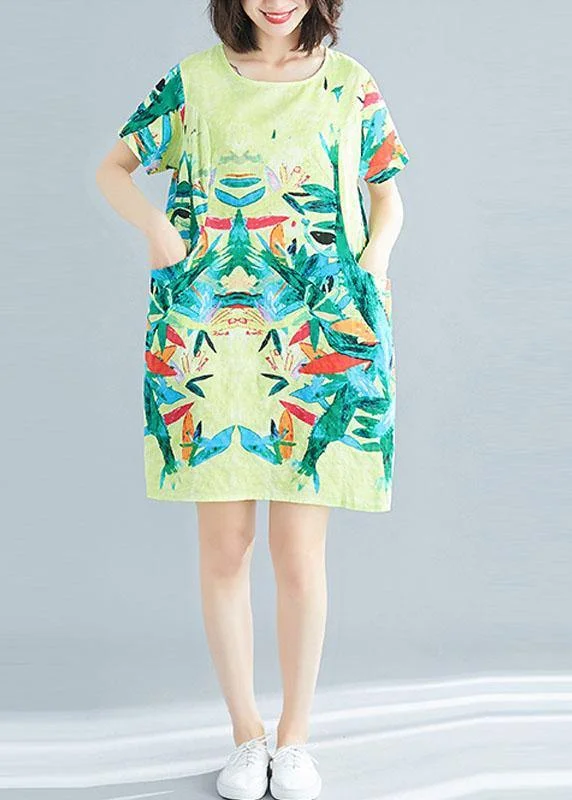 Beautiful Yellow Retro Print Summer Robe Dresses Short Sleeve Cool Women's Skate