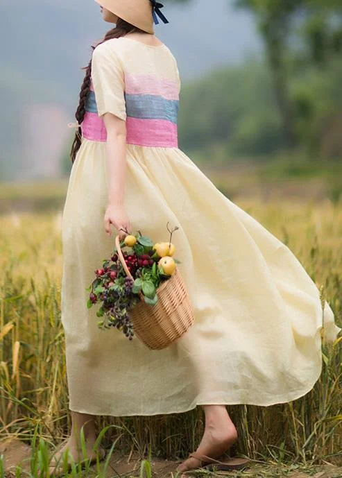 Beautiful Yellow Tunic Dress O Neck Patchwork Traveling Summer Dresses Vacation