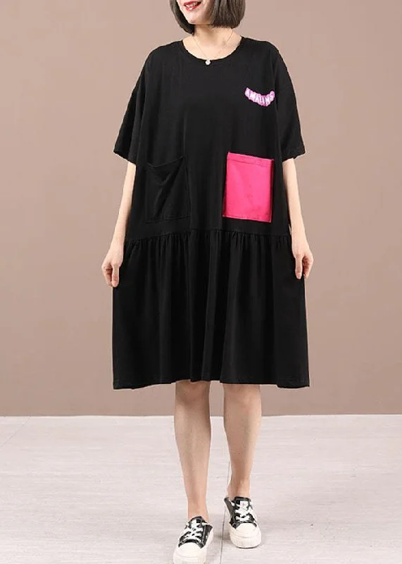 Black Cotton Patchwork Graphic Summer Dresses Half Sleeve Country