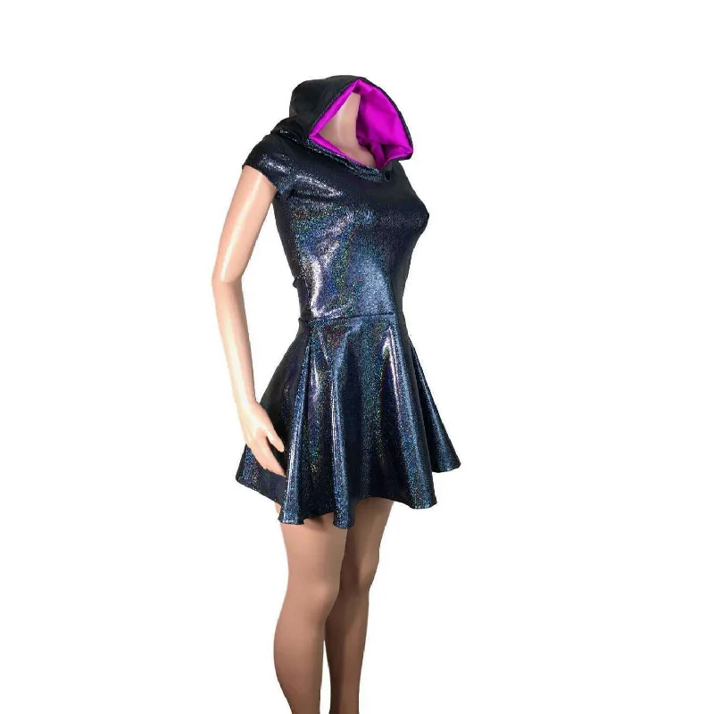 Black Hologram Cap Sleeve Hoodie Skater Dress