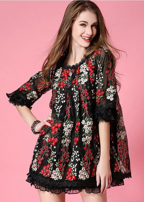 Black Organza Mini Dresses Embroideried Ruffled Spring Refined Women's Classic 