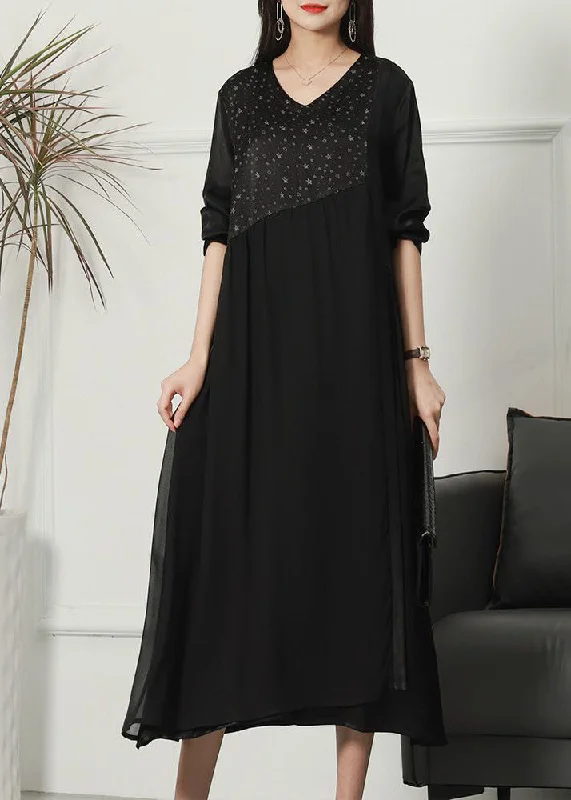 Black Patchwork Print Silk Dresses V Neck Wrinkled Spring Business