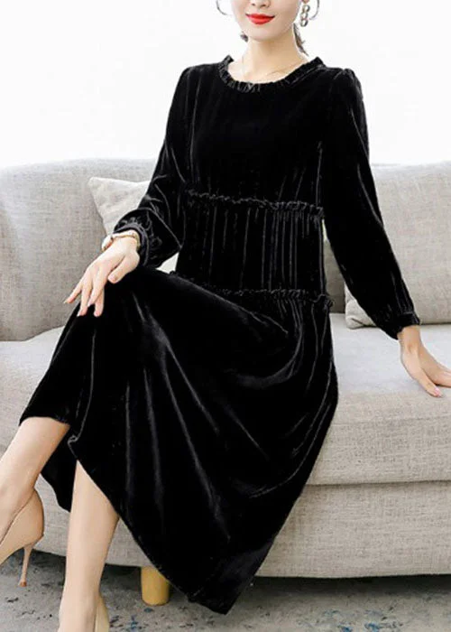 Black Patchwork Wrinkled Velour Dresses Spring French