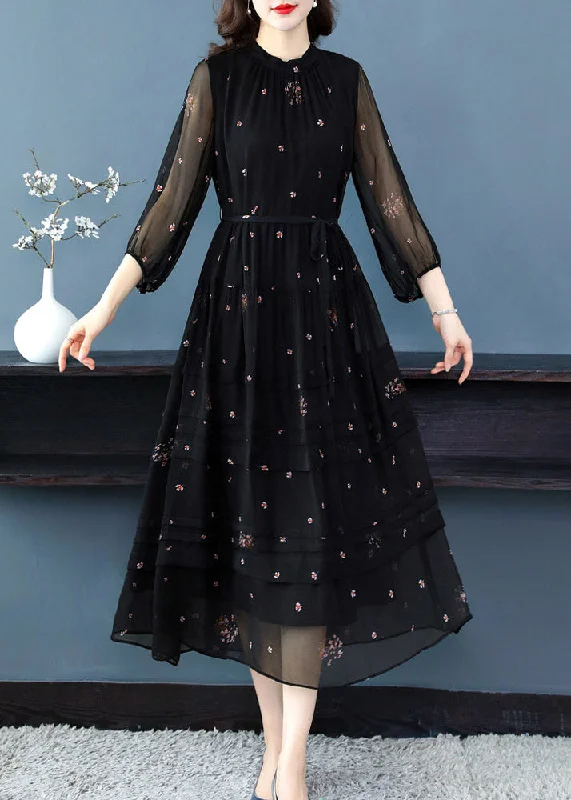 Black Tie Waist Silk Long Dresses Long Sleeve Elegant Women's Formal 