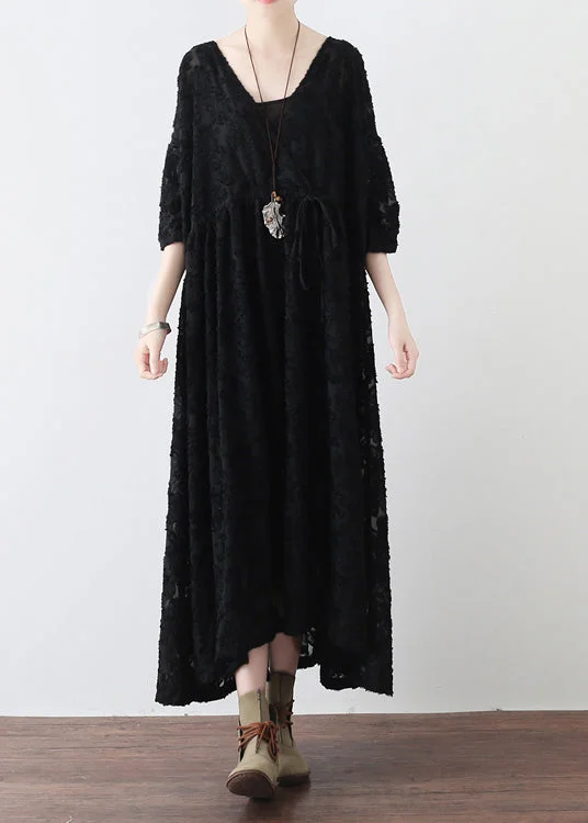 Black V Neck Tie Waist Chiffon Maxi Dresses Long Sleeve British Gentlewoman Style