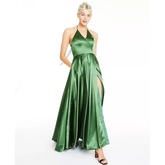 Blondies Nites Women's Side Slit Halter Gown Green Size 11