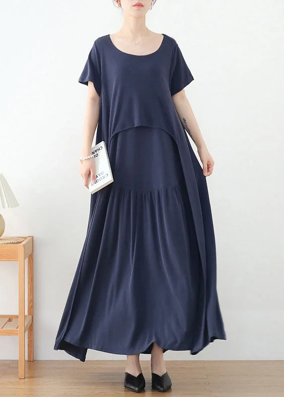 Blue Baggy Beach Dresses Solid Asymmetrical Design Short Sleeve Bohemian Women's Free