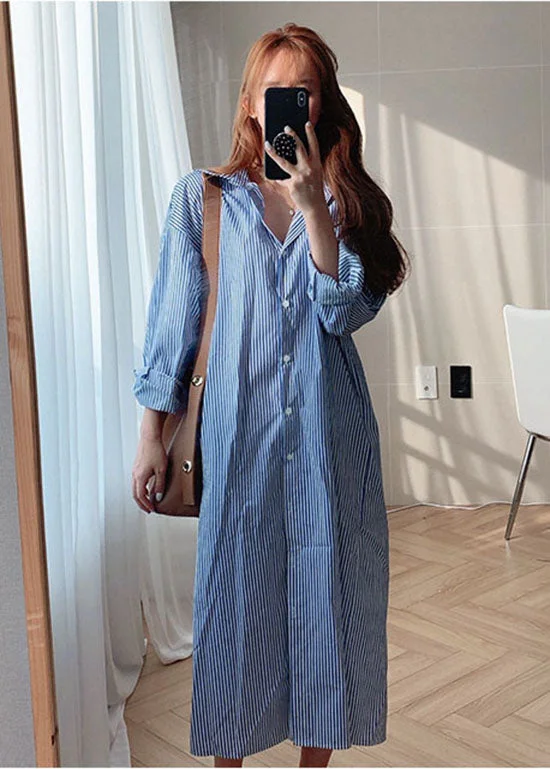 Blue Cotton Button Striped Shirt Dresses Spring Edgy Women's Punk