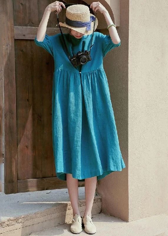 Blue Oversized Linen Maxi Dresses Button Wrinkled Half Sleeve Sleek Women's Metallic