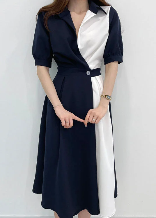 Blue Patchwork Cinched Cotton Maxi Dresses Short Sleeve Athletic Women's 