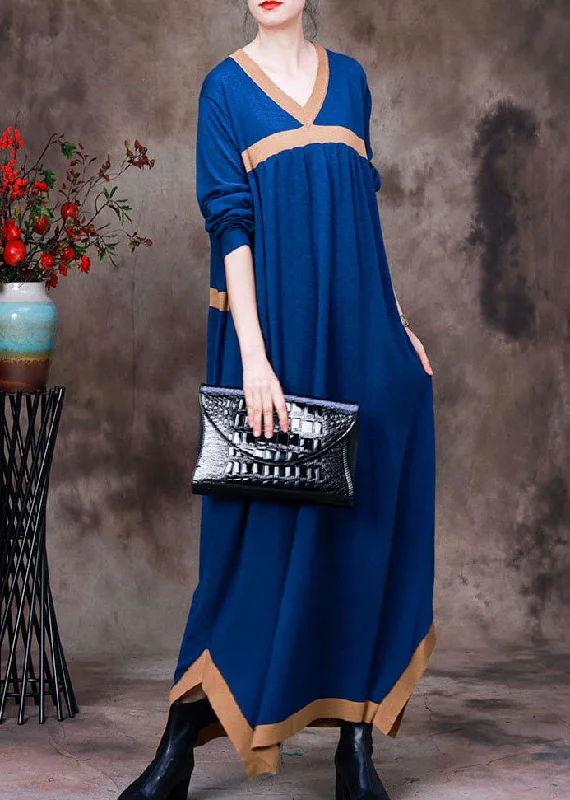 Blue Patchwork Knit Vacation Dresses Asymmetrical Long Sleeve Confident Women's High - fashion