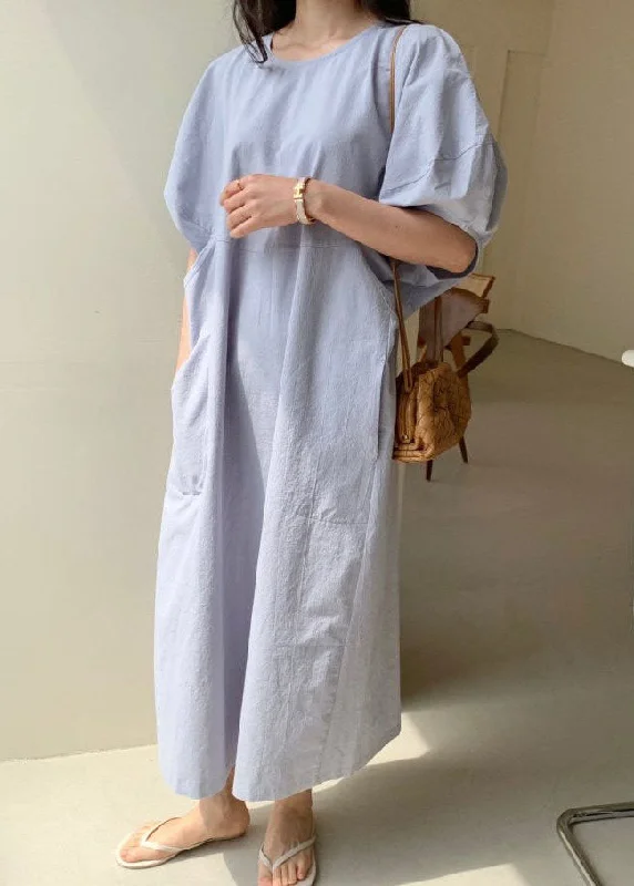 Blue Pockets Cotton Robe Dresses Short Sleeve Geometric