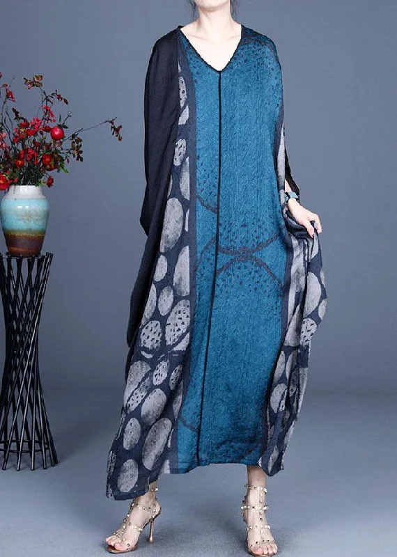 Blue Retro V Neck Patchwork Summer Robe Dresses Bat wing Sleeve Hip Women's Retro