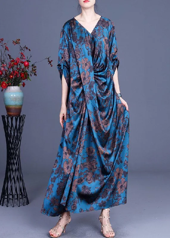 Blue Vogue Print Summer Silk Robe Dresses Half Sleeve Cozy Women's Sherpa - lined