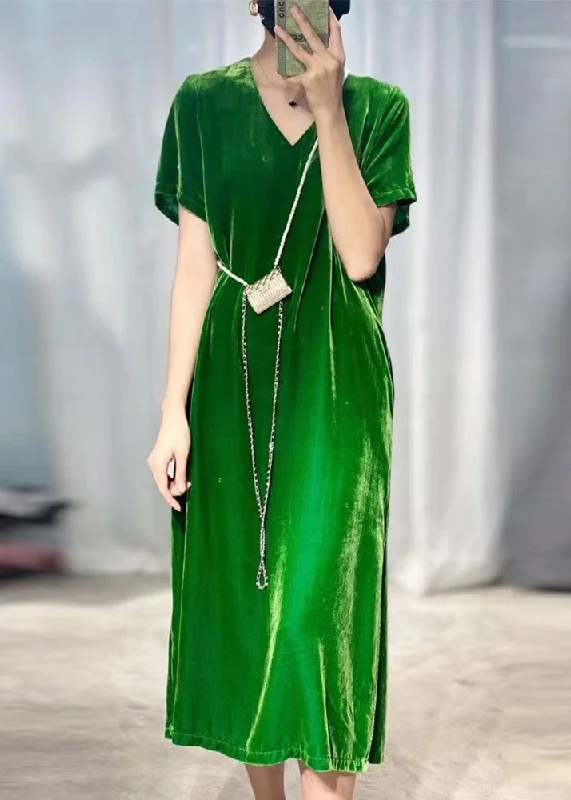 Bohemian Black Green V Neck Silk Velour Long Dresses Short Sleeve Classic Women's Pin - striped