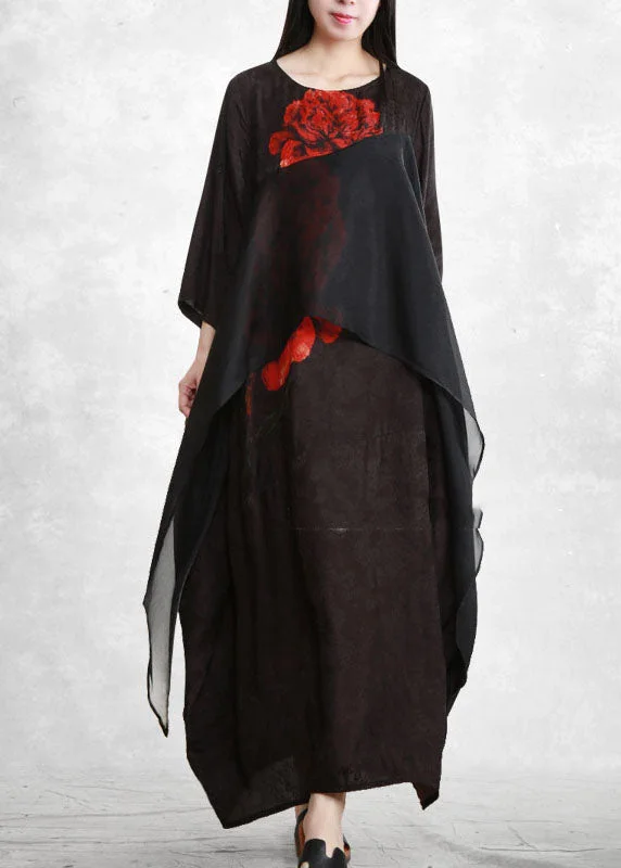 Bohemian Black O-Neck Asymmetrical Floral Print Long Dresses Three Quarter sleeve Modern Women's 