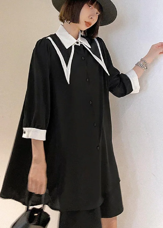 Bohemian Black Patchwork Cotton Button Summer Robe Dresses Streetwear Style for 