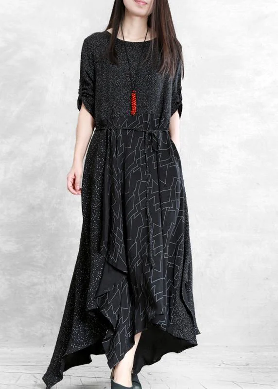 Bohemian black print clothes For Women o neck patchwork Maxi Dresses Traditional Women's Wool